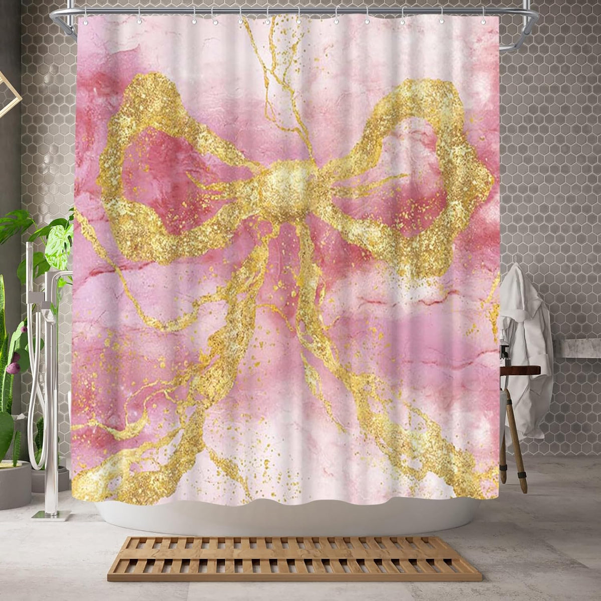 Gold Bow Shower Curtain Modern Abstract Marble Shower Curtain 72x72inch Machine Washable Polyester Fabric with 12 Hooks Bathroom Decor (Pink)