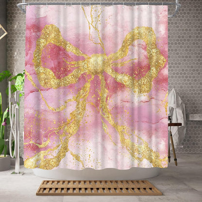 Gold Bow Shower Curtain Modern Abstract Marble Shower Curtain 72x72inch Machine Washable Polyester Fabric with 12 Hooks Bathroom Decor (Pink)