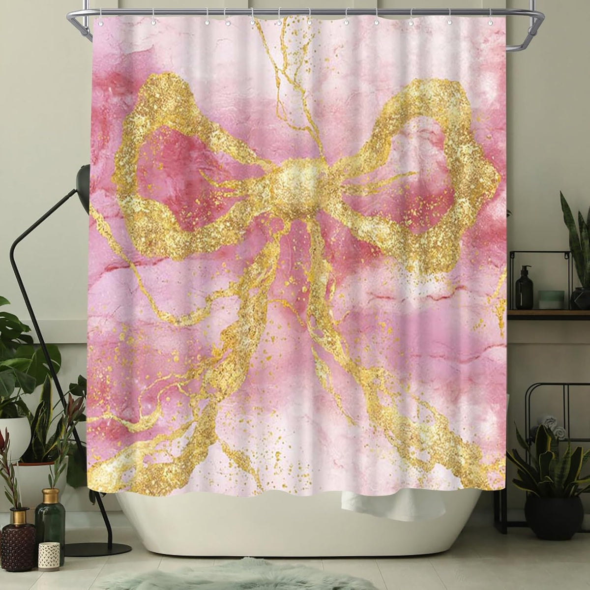 Gold Bow Shower Curtain Modern Abstract Marble Shower Curtain 72x72inch Machine Washable Polyester Fabric with 12 Hooks Bathroom Decor (Pink)