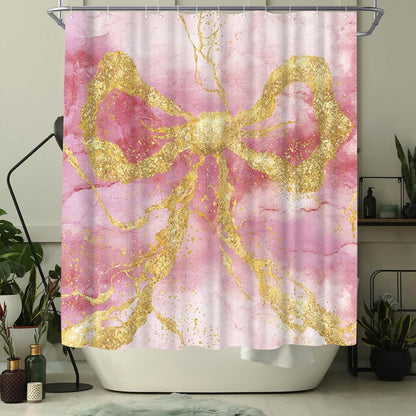 Gold Bow Shower Curtain Modern Abstract Marble Shower Curtain 72x72inch Machine Washable Polyester Fabric with 12 Hooks Bathroom Decor (Pink)