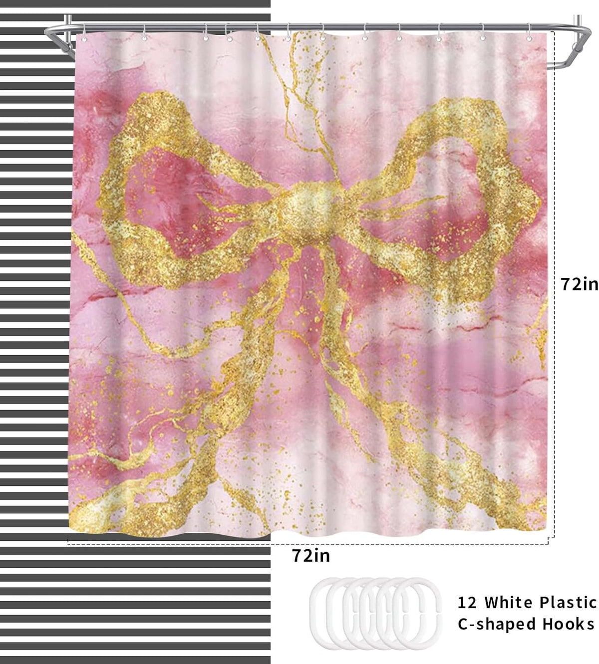 Gold Bow Shower Curtain Modern Abstract Marble Shower Curtain 72x72inch Machine Washable Polyester Fabric with 12 Hooks Bathroom Decor (Pink)