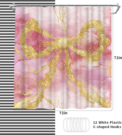 Gold Bow Shower Curtain Modern Abstract Marble Shower Curtain 72x72inch Machine Washable Polyester Fabric with 12 Hooks Bathroom Decor (Pink)