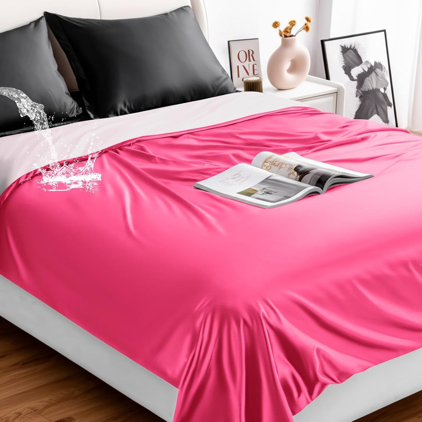 Waterproof Bed Blanket Queen Size 78'' x 82'' Pink Polyester, TPU Waterproof Film Mattress Protector Mat with Storage Bag for Bed Cover