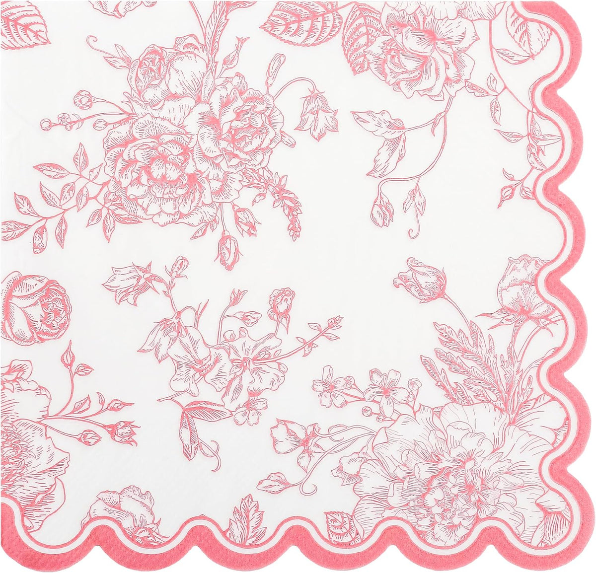 100 Pink Floral Paper Napkins Pink & White Flowers Disposable Party Napkin 6.5" Scalloped Edge Toile Bouquet Hand Towels for Birthday Bridal Baby Shower Tableware