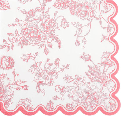 100 Pink Floral Paper Napkins Pink & White Flowers Disposable Party Napkin 6.5" Scalloped Edge Toile Bouquet Hand Towels for Birthday Bridal Baby Shower Tableware