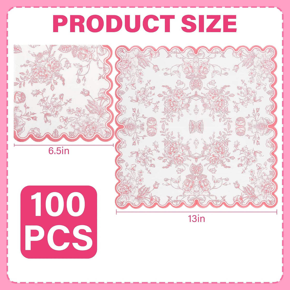 100 Pink Floral Paper Napkins Pink & White Flowers Disposable Party Napkin 6.5" Scalloped Edge Toile Bouquet Hand Towels for Birthday Bridal Baby Shower Tableware