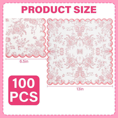 100 Pink Floral Paper Napkins Pink & White Flowers Disposable Party Napkin 6.5" Scalloped Edge Toile Bouquet Hand Towels for Birthday Bridal Baby Shower Tableware