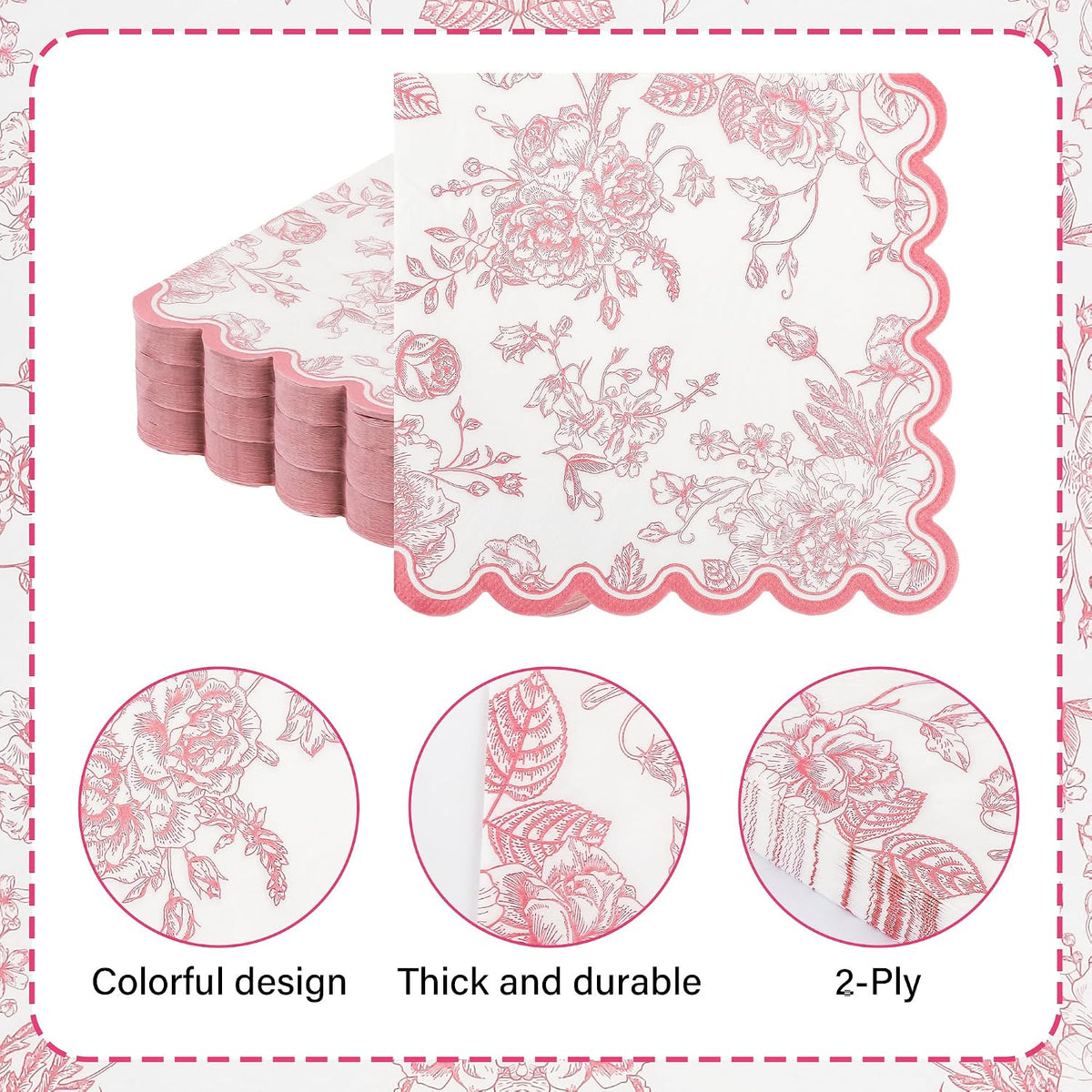 100 Pink Floral Paper Napkins Pink & White Flowers Disposable Party Napkin 6.5" Scalloped Edge Toile Bouquet Hand Towels for Birthday Bridal Baby Shower Tableware