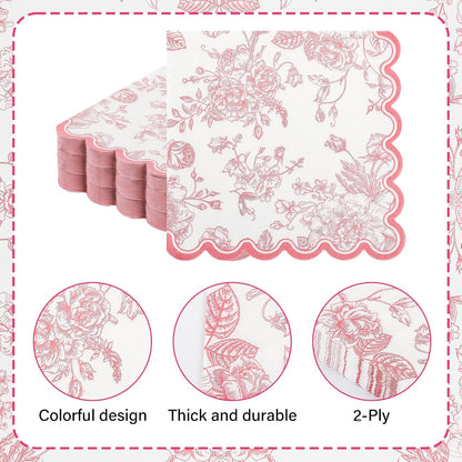 100 Pink Floral Paper Napkins Pink & White Flowers Disposable Party Napkin 6.5" Scalloped Edge Toile Bouquet Hand Towels for Birthday Bridal Baby Shower Tableware
