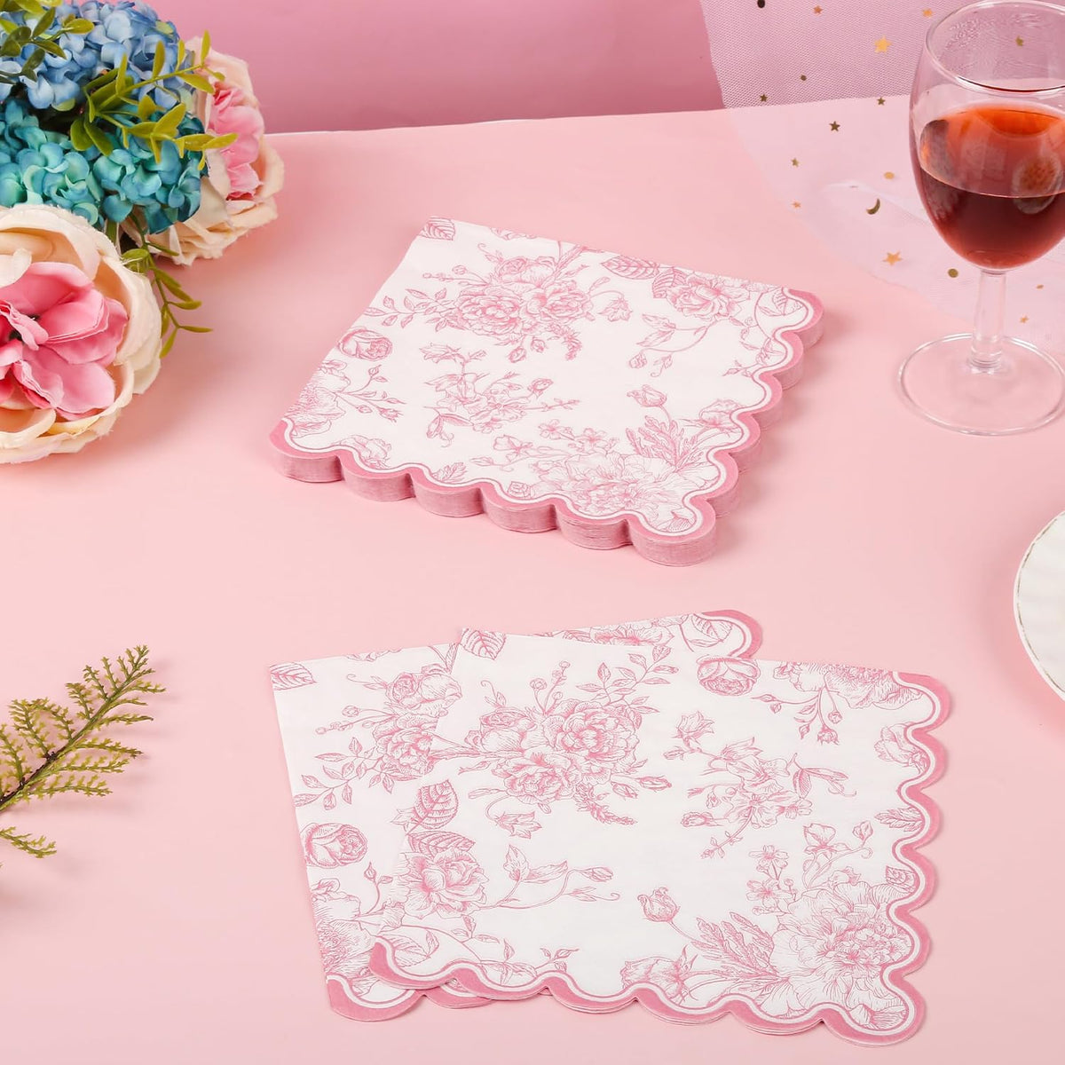 100 Pink Floral Paper Napkins Pink & White Flowers Disposable Party Napkin 6.5" Scalloped Edge Toile Bouquet Hand Towels for Birthday Bridal Baby Shower Tableware