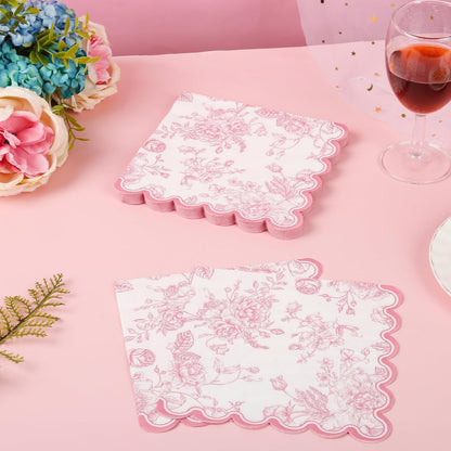 100 Pink Floral Paper Napkins Pink & White Flowers Disposable Party Napkin 6.5" Scalloped Edge Toile Bouquet Hand Towels for Birthday Bridal Baby Shower Tableware