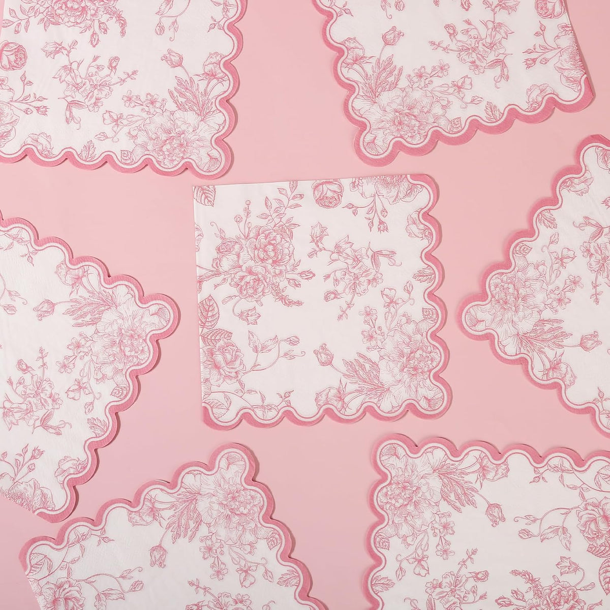 100 Pink Floral Paper Napkins Pink & White Flowers Disposable Party Napkin 6.5" Scalloped Edge Toile Bouquet Hand Towels for Birthday Bridal Baby Shower Tableware