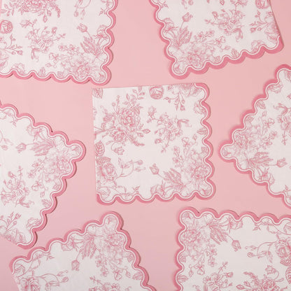 100 Pink Floral Paper Napkins Pink & White Flowers Disposable Party Napkin 6.5" Scalloped Edge Toile Bouquet Hand Towels for Birthday Bridal Baby Shower Tableware