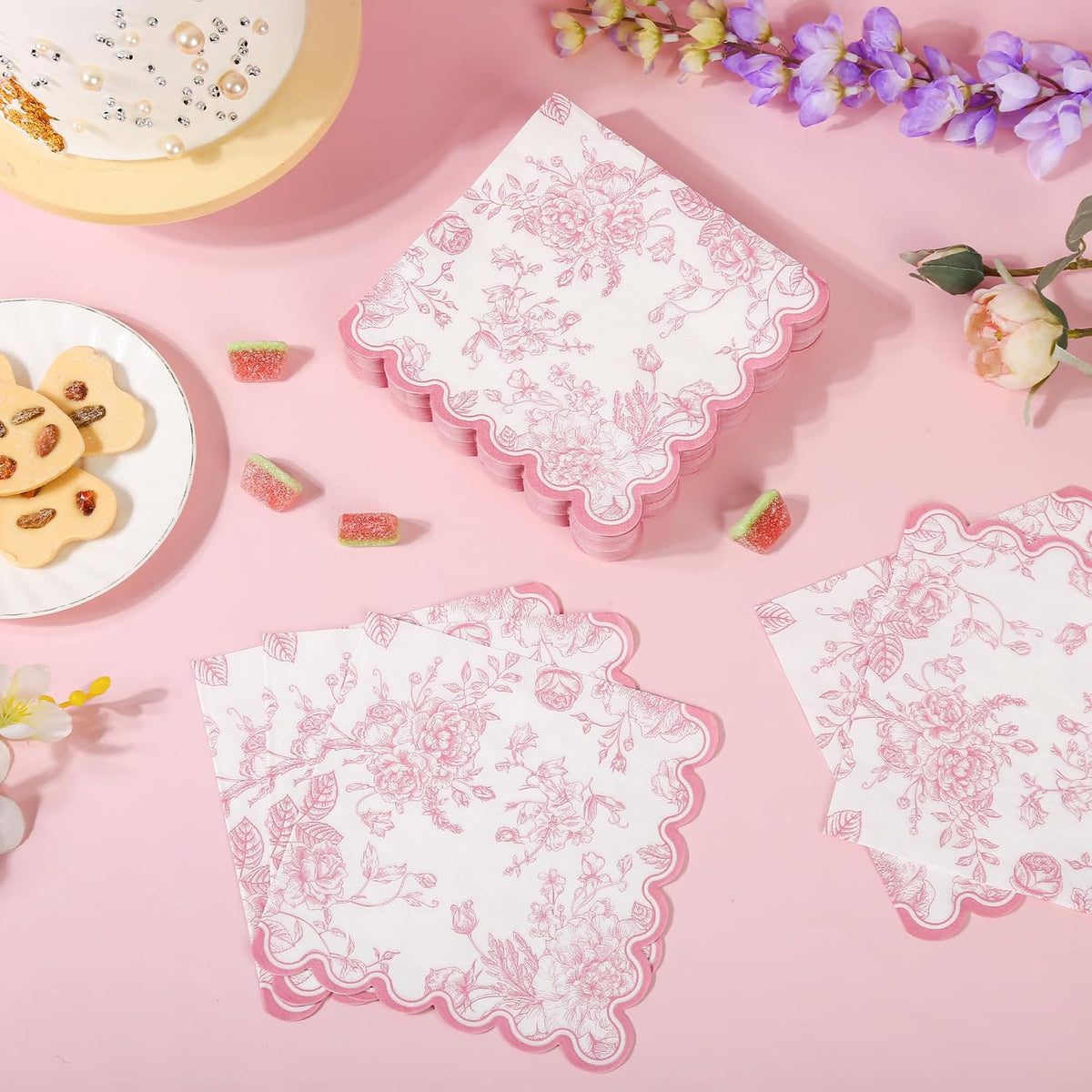 100 Pink Floral Paper Napkins Pink & White Flowers Disposable Party Napkin 6.5" Scalloped Edge Toile Bouquet Hand Towels for Birthday Bridal Baby Shower Tableware
