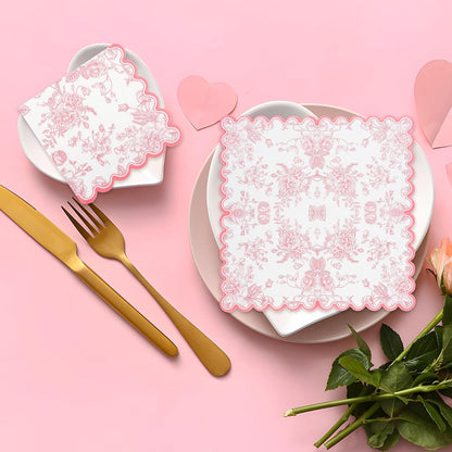 100 Pink Floral Paper Napkins Pink & White Flowers Disposable Party Napkin 6.5" Scalloped Edge Toile Bouquet Hand Towels for Birthday Bridal Baby Shower Tableware