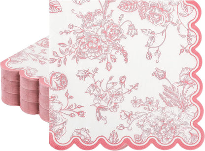 100 Pink Floral Paper Napkins Pink & White Flowers Disposable Party Napkin 6.5" Scalloped Edge Toile Bouquet Hand Towels for Birthday Bridal Baby Shower Tableware