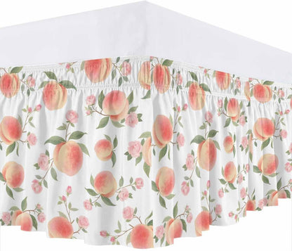 Wrap Around Bed Skirt Queen Size 16 inch Drop, Summer Fruit Pink Honey Peach Elastic Adjustable Bed Skirts Ruffled Bedskirt, Watercolor Plants Bed Frame Cover Hotel Luxury Bedskirts