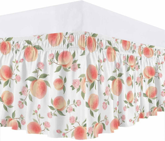 Wrap Around Bed Skirt Queen Size 16 inch Drop, Summer Fruit Pink Honey Peach Elastic Adjustable Bed Skirts Ruffled Bedskirt, Watercolor Plants Bed Frame Cover Hotel Luxury Bedskirts