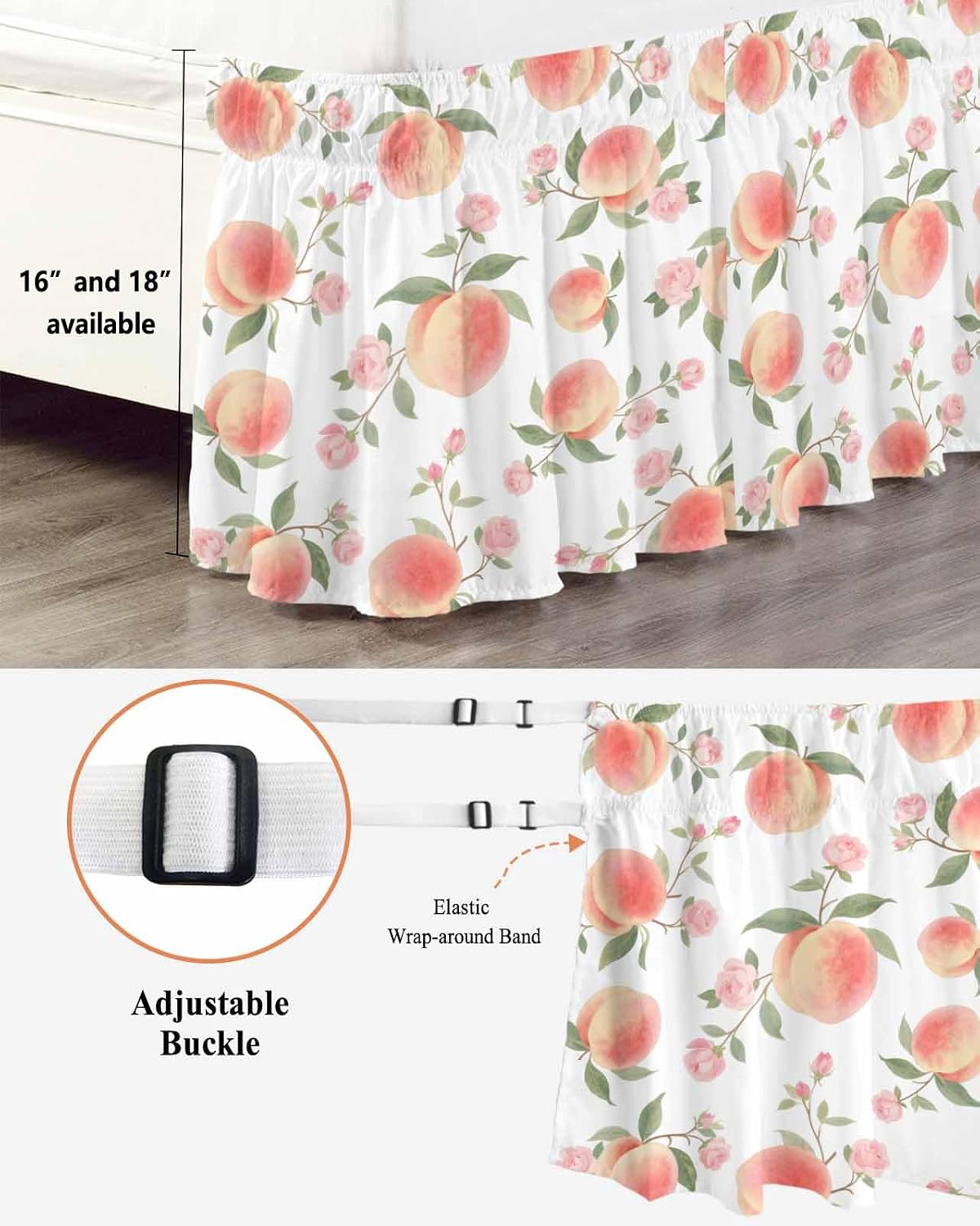 Wrap Around Bed Skirt Queen Size 16 inch Drop, Summer Fruit Pink Honey Peach Elastic Adjustable Bed Skirts Ruffled Bedskirt, Watercolor Plants Bed Frame Cover Hotel Luxury Bedskirts