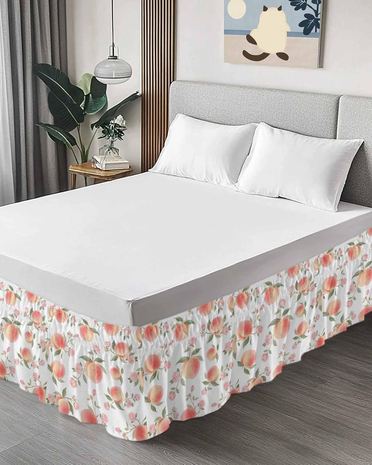 Wrap Around Bed Skirt Queen Size 16 inch Drop, Summer Fruit Pink Honey Peach Elastic Adjustable Bed Skirts Ruffled Bedskirt, Watercolor Plants Bed Frame Cover Hotel Luxury Bedskirts