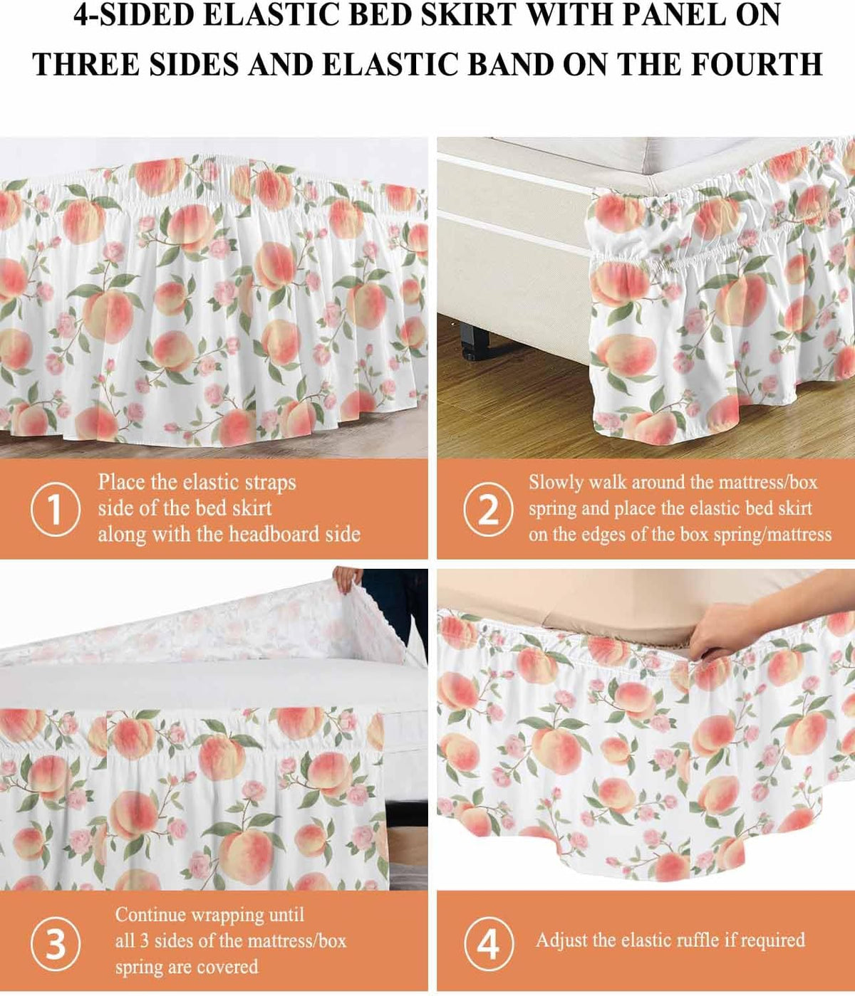 Wrap Around Bed Skirt Queen Size 16 inch Drop, Summer Fruit Pink Honey Peach Elastic Adjustable Bed Skirts Ruffled Bedskirt, Watercolor Plants Bed Frame Cover Hotel Luxury Bedskirts