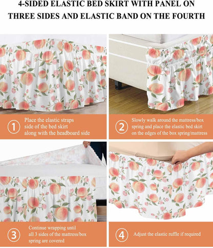 Wrap Around Bed Skirt Queen Size 16 inch Drop, Summer Fruit Pink Honey Peach Elastic Adjustable Bed Skirts Ruffled Bedskirt, Watercolor Plants Bed Frame Cover Hotel Luxury Bedskirts