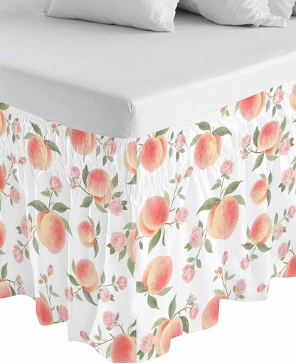 Wrap Around Bed Skirt Queen Size 16 inch Drop, Summer Fruit Pink Honey Peach Elastic Adjustable Bed Skirts Ruffled Bedskirt, Watercolor Plants Bed Frame Cover Hotel Luxury Bedskirts