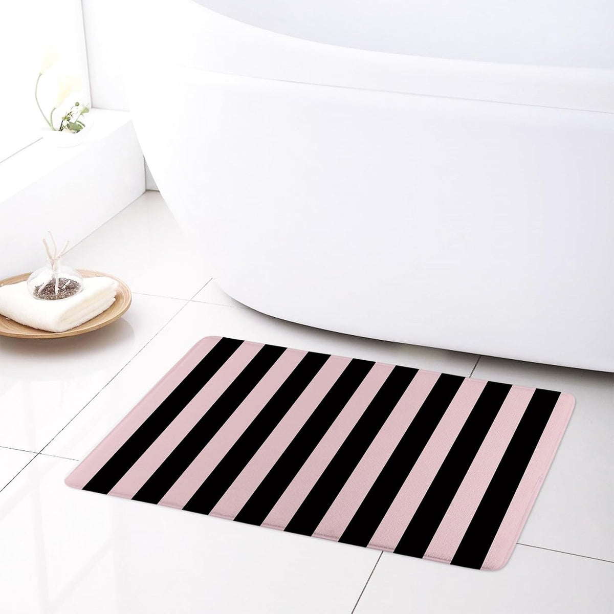 Black Striped Bath Mat for Shower Pink Stripe Bathroom Rugs Funny Abstract Bathtub Mat Non Slip Door Mat Indoor Entrance Memory Foam Floor Mat for Bedroom Bathroom Accessory 24x16 Inch