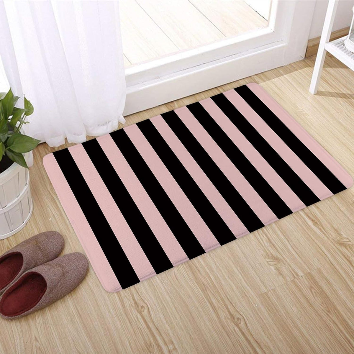 Black Striped Bath Mat for Shower Pink Stripe Bathroom Rugs Funny Abstract Bathtub Mat Non Slip Door Mat Indoor Entrance Memory Foam Floor Mat for Bedroom Bathroom Accessory 24x16 Inch