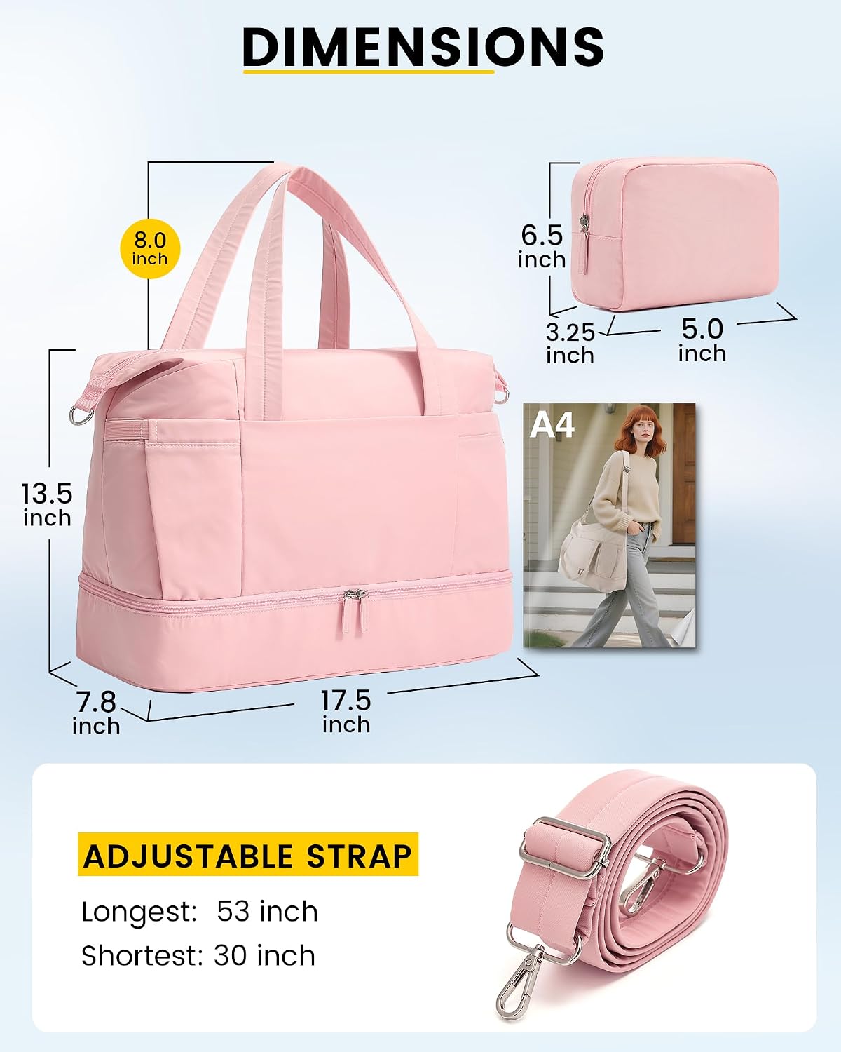 30L Duffle Bag for Women with Shoe Compartment Toiletry Bag, Pink