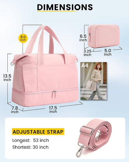30L Duffle Bag for Women with Shoe Compartment Toiletry Bag, Pink