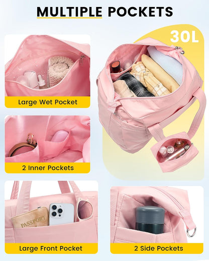 30L Duffle Bag for Women with Shoe Compartment Toiletry Bag, Pink