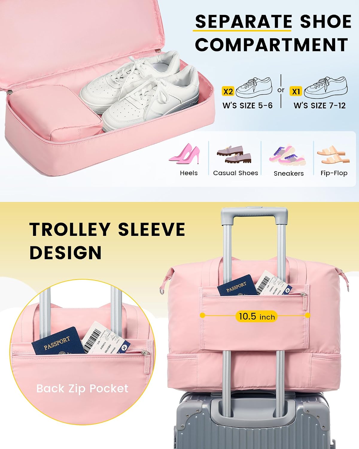 30L Duffle Bag for Women with Shoe Compartment Toiletry Bag, Pink