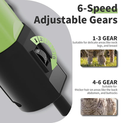 1200W Sheep Shears Clippers, 3200RPM 6-Speed Adjustable Heavy Duty Electric Sheep Shears for Dogs and Farm Livestock Grooming, 13T Blades, Professional Thick Coat Dog Clippers for Alpacas (Green)