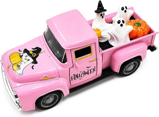 5.7 Inch Pink Halloween Truck Decor with 3 Ghost Figurines and Pumpkin, Vintage Metal Pickup Truck, Spooky Farmhouse Tabletop Decoration for Halloween Party Tiered Tray Mantel Shelf Home Decor