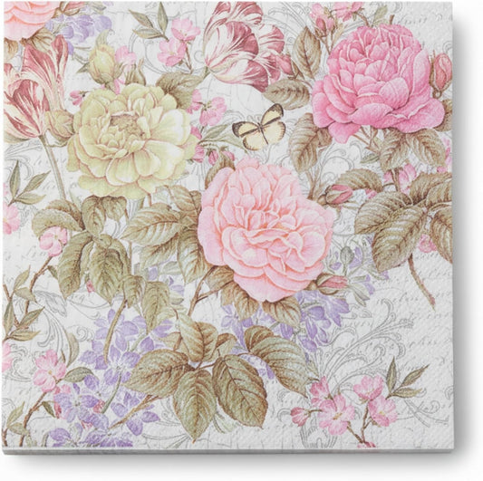 Pretty Printed Pink Floral Paper Napkins Disposable Decorative Paper Dinner Napkins Serviettes Paper Party Napkins with Designs 6.5x6.5 inch (20-Count)