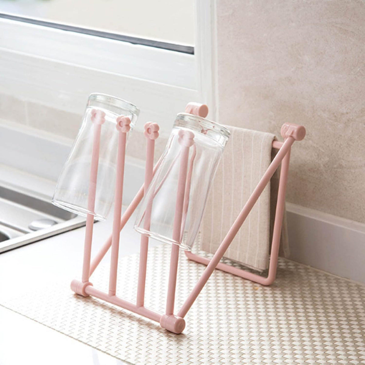 Foldable Hand Towel Stand Rack for Water Cup Storage Hygienic Washcloth Holder (Light Pink)