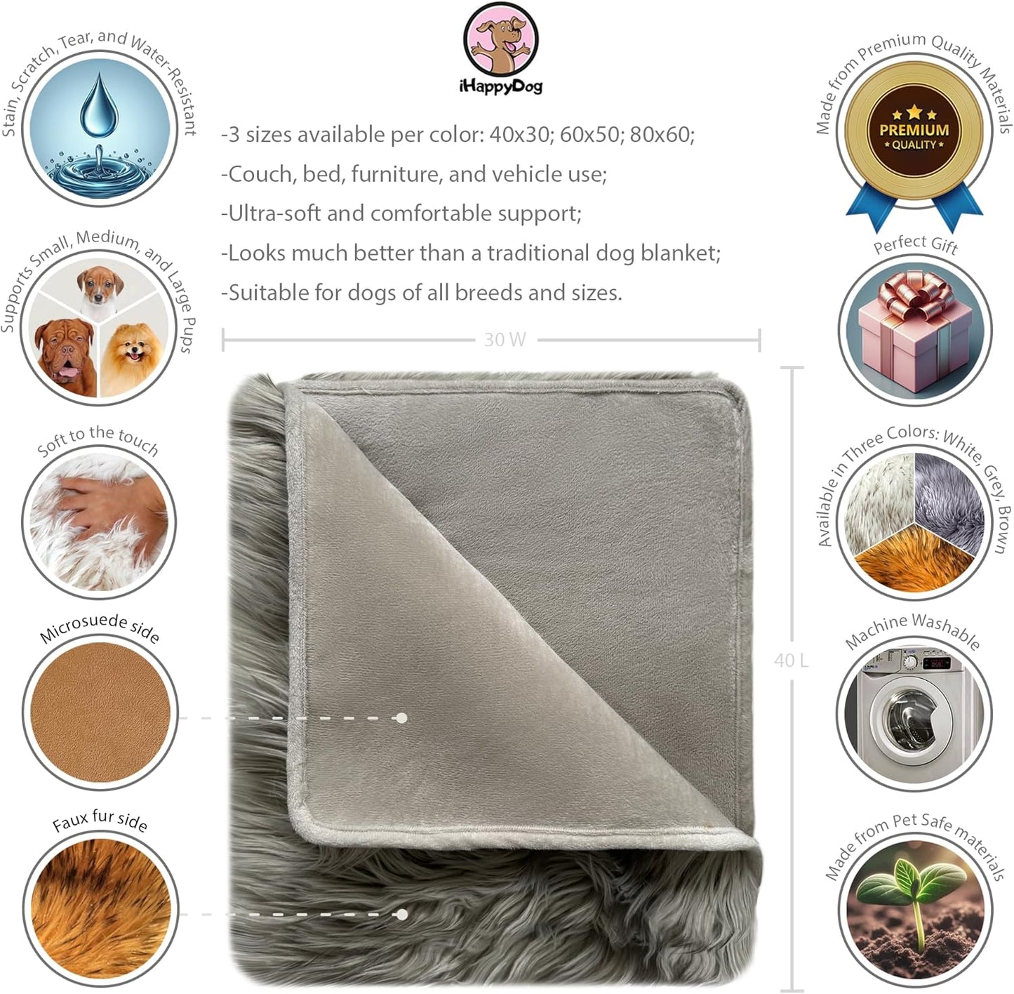 IHAPPYDOG Waterproof Faux Fur Dog Blanket – Pet Throw & Couch Protector for Sofa, Bed, Furniture – Plush Pup Cover for Small Medium Large Dogs – Machine Washable – Grey – 40" x 30"
