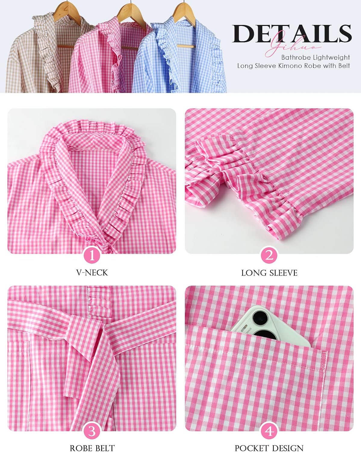 Cotton Robes for Women Gingham Long Sleeve Ruffle Trim Bathrobe