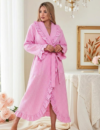 Cotton Robes for Women Gingham Long Sleeve Ruffle Trim Bathrobe