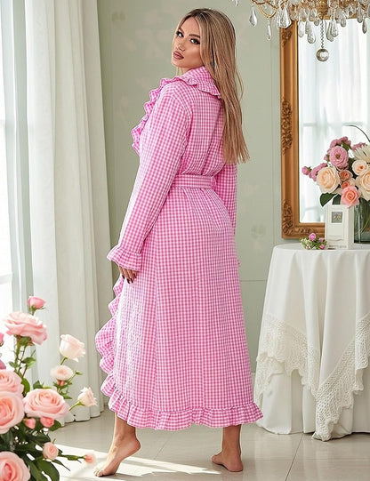 Cotton Robes for Women Gingham Long Sleeve Ruffle Trim Bathrobe