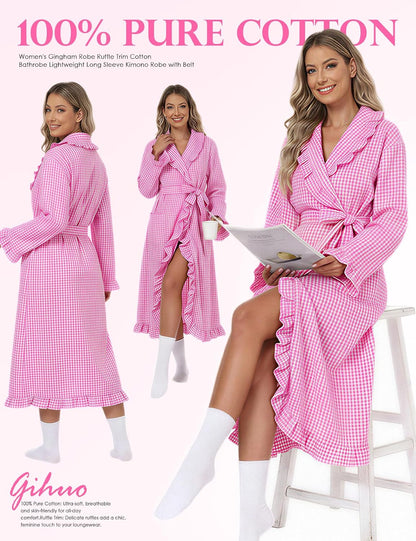 Cotton Robes for Women Gingham Long Sleeve Ruffle Trim Bathrobe