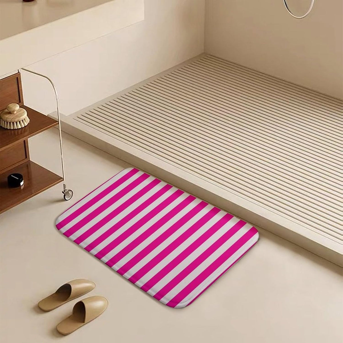 Pink Modern Stripe Bathroom Rugs, Non Slip & Absorbent Bath Mat Carpets for Bathroom, Entryway or Sink 16" x 24"