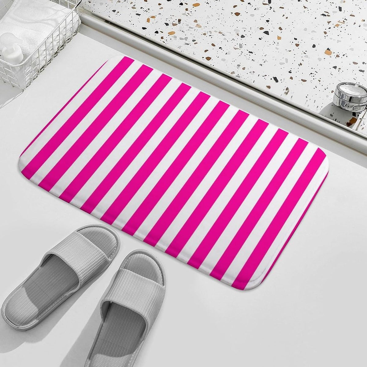 Pink Modern Stripe Bathroom Rugs, Non Slip & Absorbent Bath Mat Carpets for Bathroom, Entryway or Sink 16" x 24"