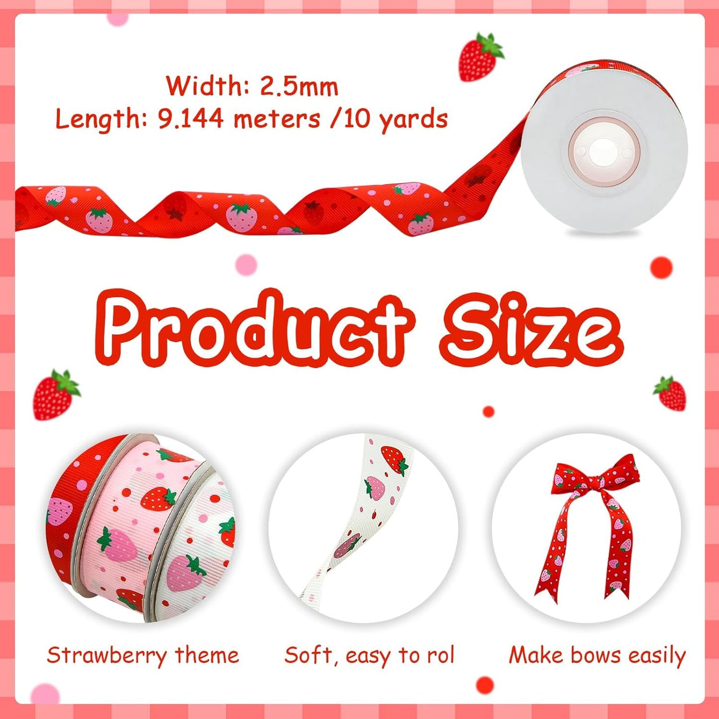 Pastel Red Pink Strawberries Grosgrain Ribbon (3 Rolls, 3 Patterns, 1 inch x 10 Yards Each Roll, 30 Yards TTL.) Fruit Ribbon for Spring Summer Wreaths, Crafts, Trims, Hair Bow Making, Gift Wrapping