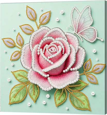 DIY Pink Rose Pearl Painting Kit for Adults & Beginners Plastic Round Pearl Bead Art with Pre-Printed Canvas and Frame, Handmade Christmas Holiday Craft, Home Wall Decor Gift Set