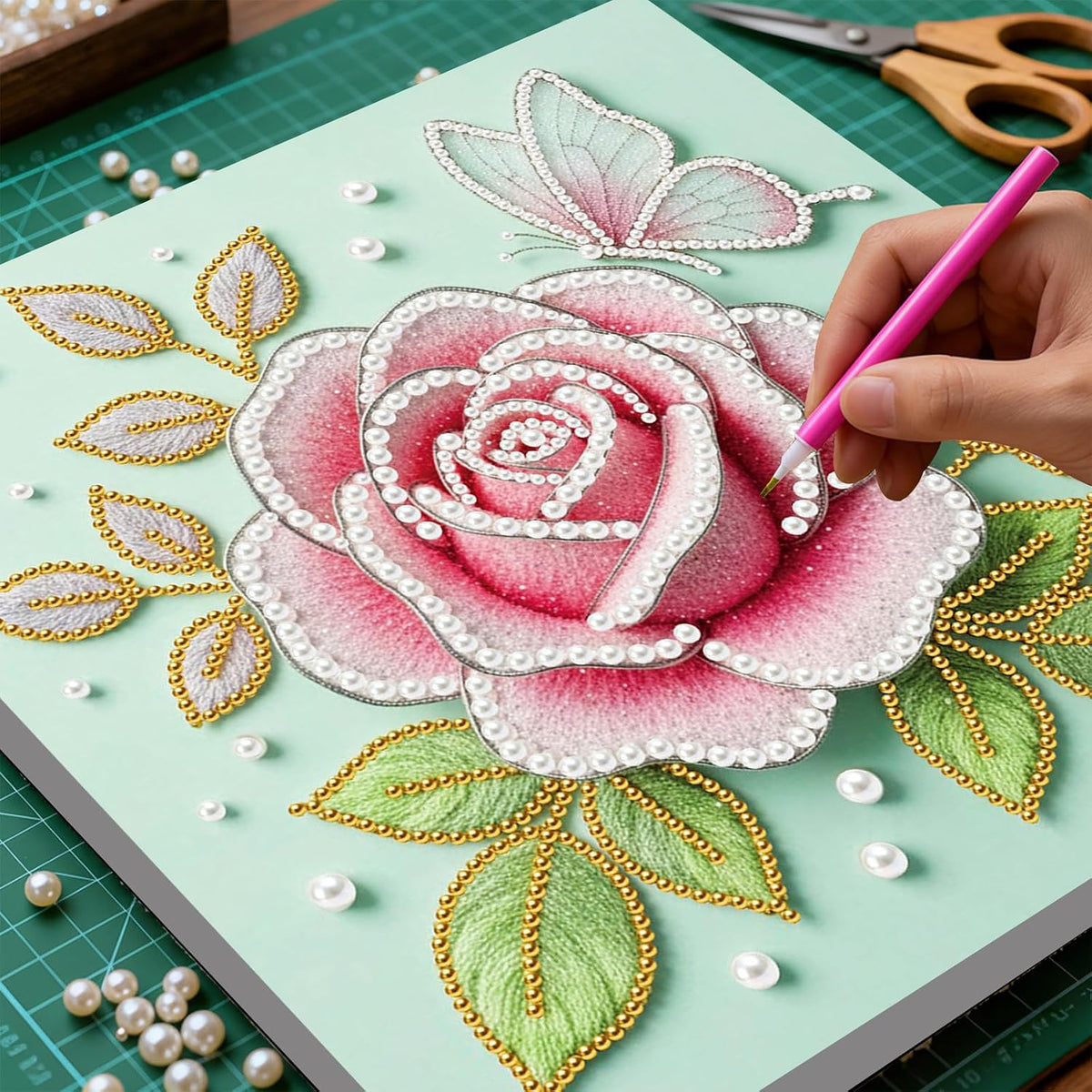 DIY Pink Rose Pearl Painting Kit for Adults & Beginners Plastic Round Pearl Bead Art with Pre-Printed Canvas and Frame, Handmade Christmas Holiday Craft, Home Wall Decor Gift Set