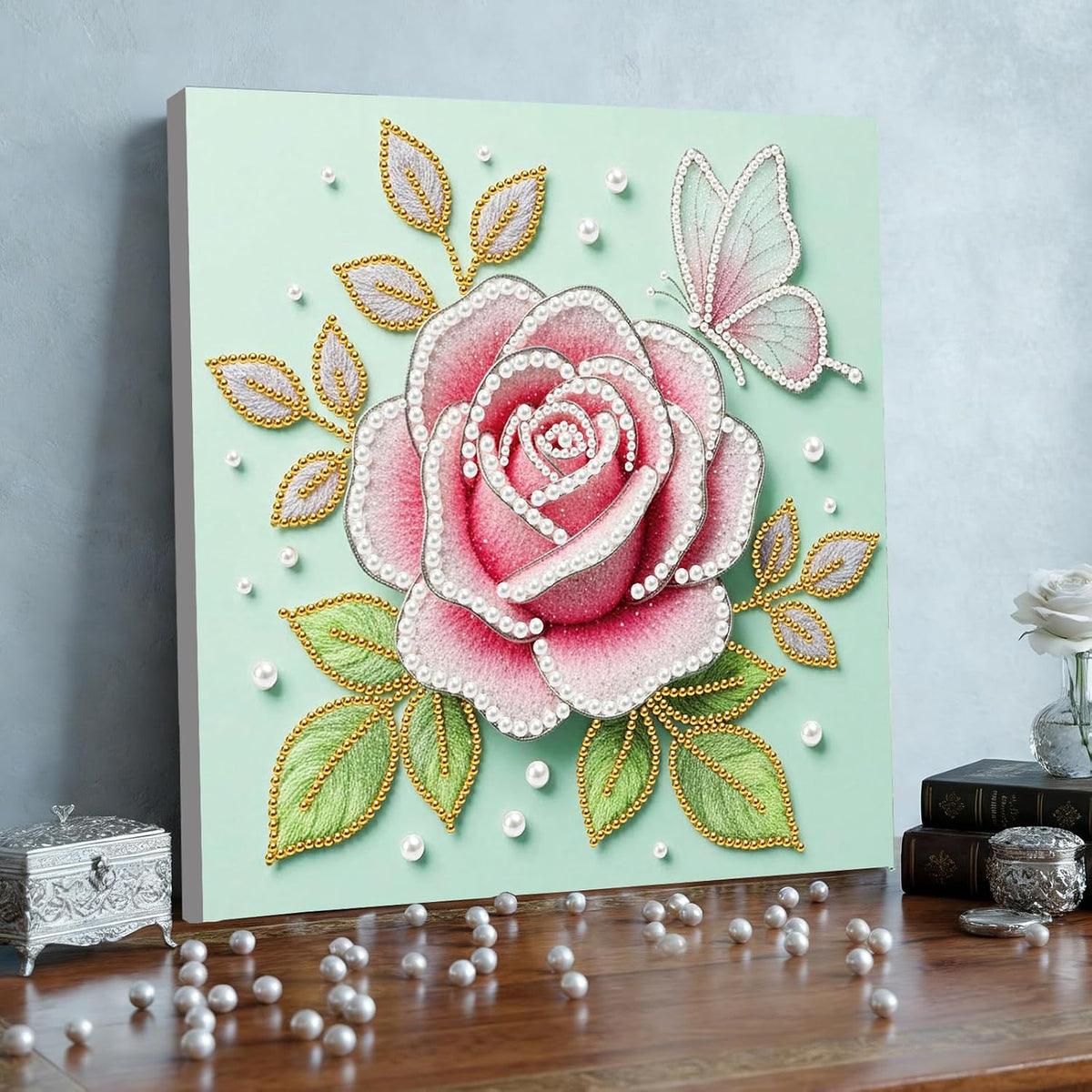 DIY Pink Rose Pearl Painting Kit for Adults & Beginners Plastic Round Pearl Bead Art with Pre-Printed Canvas and Frame, Handmade Christmas Holiday Craft, Home Wall Decor Gift Set