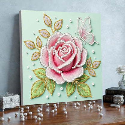 DIY Pink Rose Pearl Painting Kit for Adults & Beginners Plastic Round Pearl Bead Art with Pre-Printed Canvas and Frame, Handmade Christmas Holiday Craft, Home Wall Decor Gift Set