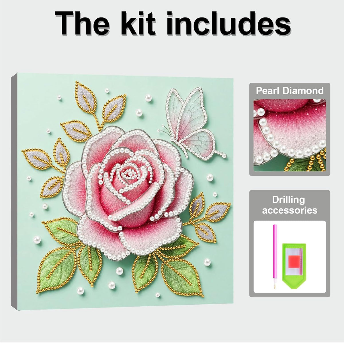 DIY Pink Rose Pearl Painting Kit for Adults & Beginners Plastic Round Pearl Bead Art with Pre-Printed Canvas and Frame, Handmade Christmas Holiday Craft, Home Wall Decor Gift Set